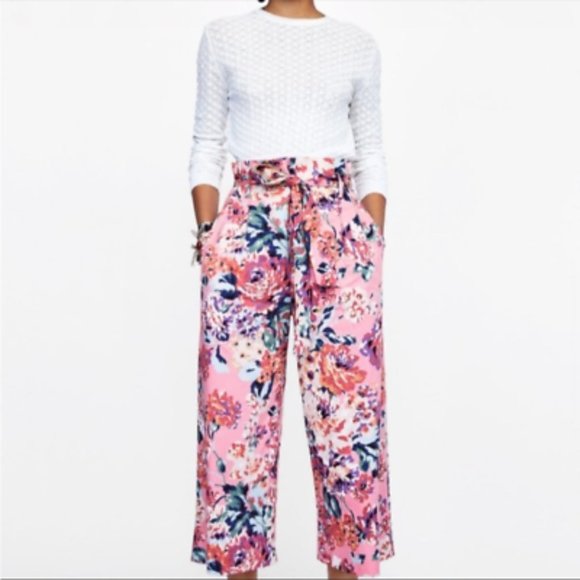 Zara Wide Leg Pink Floral Pant-M - Picture 1 of 4